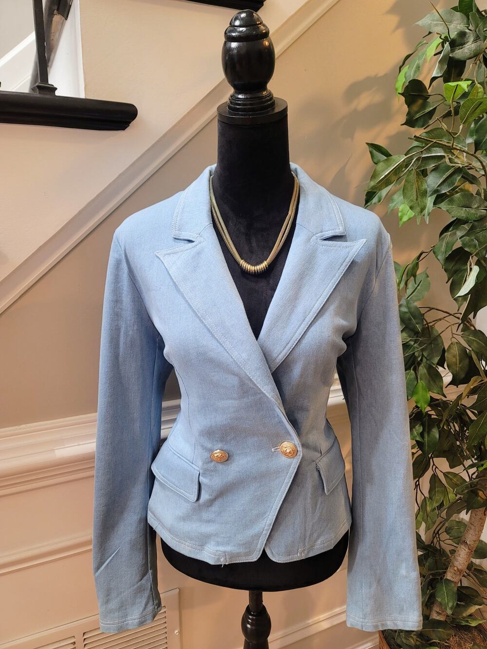 Fashion Nova Blazer Jacket Women's Large Blue Button Double Breasted Welt Pocket